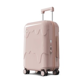ROAMING 24 Inch PC Hard Sided Pink Checked Luggage with TSA Lock Cup Holder USB Charging Port and Spinner Wheels Lightweight Durable Ice Cream Travel Suitcase for Women Melt into Journeys