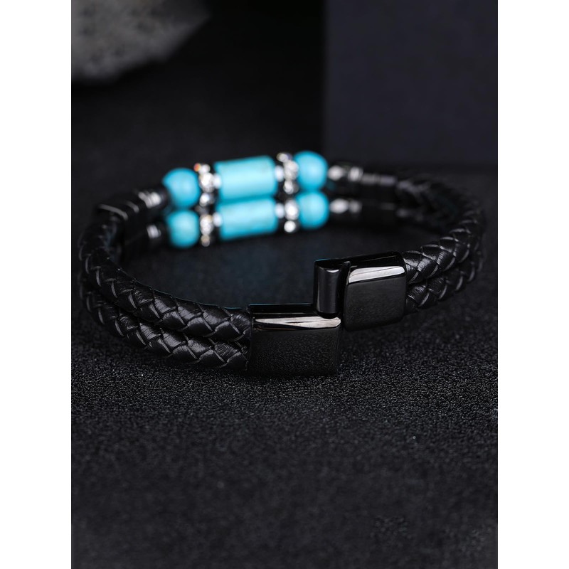 Mens Leather Turquoise Stone Bracelet–8.3" Braided Multi‑Layer Stainless Steel Clasp