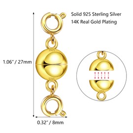 Gold Magnetic Necklace Clasps and Closures, 925 Sterling Silver Magnetic Clasps for Necklace Bracelet, Gold Double Claw Clasps for Jewelry Making Strong Magnetic Necklace Extender Chain Connector