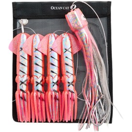 OCEAN CAT Teaser Chain Trolling Lure Saltwater Fishing Lure Bag with Circle Hook and Fishing Line Fully Rigged Teasers for Wahoo Tuna Marlin Mahi Mahi (#036-Pink, 10in+7in+8/0)