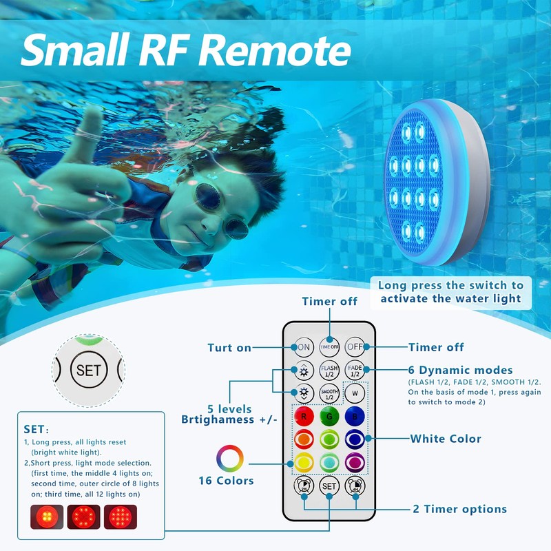 QOLNBY Pool Lights, Rechargeable Submersible LED Lights, IP68 Waterproof Underwater
