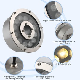 RSN LED Fountain Light 12W 12V DC Warm White Waterproof Grade IP68 LED Spot Light Landscape Lighting Suitable for Fountains, Waterfalls,Pond and Grass Land（Not Include 12V Transformer）