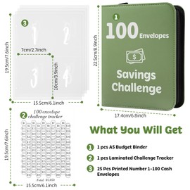 100 Envelopes Money Saving Challenge Binder with Laminated Tracker, Money Saving Challenge Budget Binder with Cash Envelopes, Savings Challenge Book with Zippe to Save $5,050 (Blue, Green)