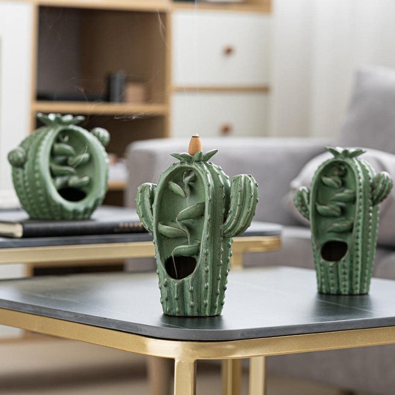 Cute Cactus Backflow Incense Burner, Green Ceramic Incense Holder Waterfall