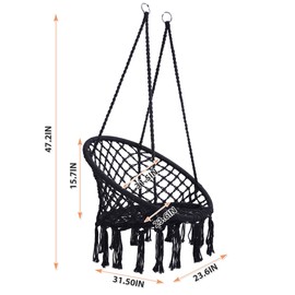 ZJMTOCYU Hammock Chair Macrame Swing, Indoor Outdoor Use, 330 Lbs Capacity, Black