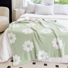 NIDITW Ultra Soft Cozy Green Plants Sunflower Throw Blanket Microfiber Flowers Daisy Knitted Blanket Lightweight Fluffy Fleece Blanket for Home Sofa Couch 50x60 Inches (Light Green)