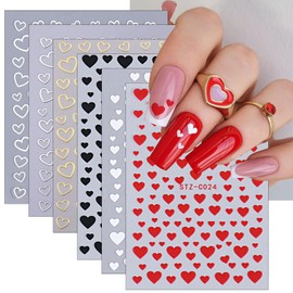 Heart Nail Stickers for Nail Art 6 Sheets Heart Love Nail Decals 3D Self Adhesive Valentine's Day Nail Supplies Red White Silver Black Gold Heart Nail Design Acrylic Nail Decorations for Women Girls