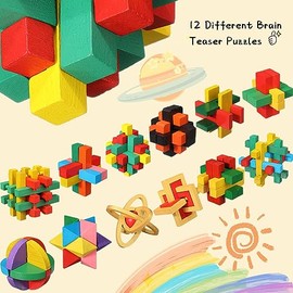 Syhood 12 Pcs Wooden Brain Teaser Puzzles 3D IQ Challenge Toy Games Logic Mind Smart Puzzle Box Lock Toy Brain Teaser Intellectual Removing Assembling
