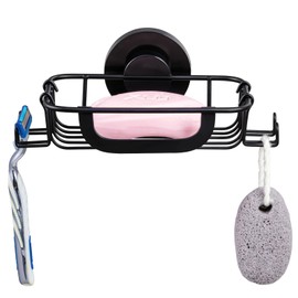 SWAMTIK Soap Dish Bar Soap Holder Suction Cup with 4 Hooks, Stainless Steel Soap Saver Tray for Shower Wall, Bathroom, Kitchen, Rustproof Drill-Free Soap Bar Holder, Black