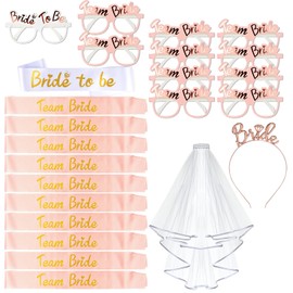AniSqui Hen Party Accessories, (1 Bride to be Sash + 10 Team Bride Sash + 11 Hen Party Glasses + 1 Hen Party Veil + 1 Bride to be Tiara), Hen do Accessories, Hen Night Accessories (Rose Gold)