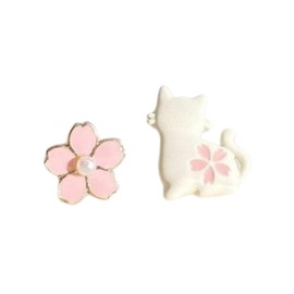 Cat and Sakura Stud Earrings | Pink and Kawaii Aesthetic, Asymmetric Studs - Cute Pink Cherry Blossom Asymmetric Mismatched, Different Earrings, Kitten Flower Earrings, Acrylic, No Gemstone