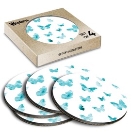 4 x Round Coasters - Watercolour Teal Butterflies Mum Sister Cork Backed MDF Glossy Tea Coffee Accessory #170372