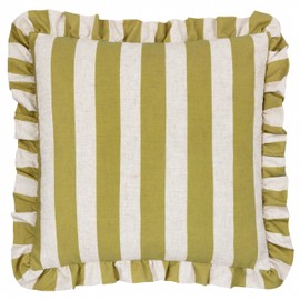 furn. Linen Stripe Ruffle Cushion Cover - Linen/Olive - 50x50cm