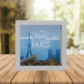 Wooden Frame Money Box with Beautiful Motif and Text - Trip to Paris in Blue Frame Money Box for the Next City Trip to Paris as a Gift for People who like and