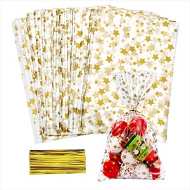 LEOSINDA 100 pcs Clear 3 X 5 Inch Flat Gift Wrap Cellophane Bags Cello Bags Cookie Bags Treat Bags with Twist Ties Poly Bag 1.36 mil for Bakery, Cookie, Candies Gold Star Printed