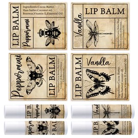 OLYCRAFT 100Pcs 4 Styles Bee Butterfly Lipstick Tag Stickers Vintage Lip Balm Label Sticker 2.1x1.7 inch Self Adhesive Moth Dragonfly Lipstick Labels for Lip Balm Container Tubes Wrapping Decorations