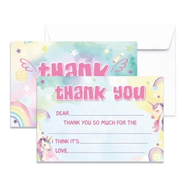 QUDNCR 20 Thank You Cards With Envelopes, Unicorn Greeting Cards Gifts For Kids Boys Girls, Rainbow Thank You Note For Birthday Wedding Baby Shower Bridal Shower Graduation, 06