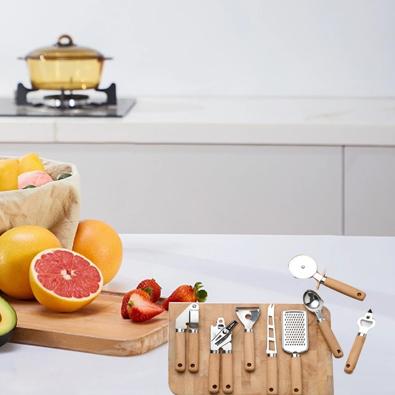 9PCS Kitchen Utensil Set Stainless Steel Wooden Handle Portable Baking