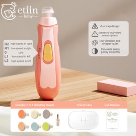 Etiin Baby Nail Trimmer Electric | Safe + Easy Baby Nail Trimmer, Baby Nail Clippers + Nail Filer Buffer, Trim Polish Grooming kits for Newborn Toddler or Adults’ Nails, 7 Grinding Heads and LED Light