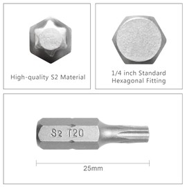 DAKCOS T20 Bit, Torx Bit T20, Bit Assortment from S2 (Length: 25 mm, Pack of 20)