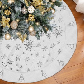 Artmag Christmas Tree Skirt, 36 Inch Silver Snowflake Christmas Trees Splicing White Faux Fur Thick Plush Xmas Tree Skirt for Holiday Christmas New Year Decorations (White/Silver)