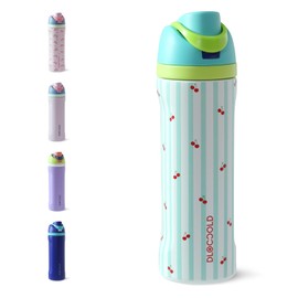 DLOCCOLD Insulated Stainless Steel Water Bottle with Straw for Sports, Travel, and School, 24 oz Sports Water Bottle, Leak-Proof Thermos BPA-Free (Green Cherry)