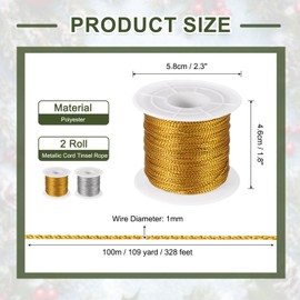 PATIKIL 656 Feet / 218 Yard Metallic Cord Tinsel Ornament String, 1mm Tag Cord Non Stretch Twine Thread for Gift Wrapping Craft Jewelry Making, Gold/Silver 2 Spool