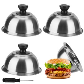 FAAING Set of 4 Burger Bells Stainless Steel 16 cm Burger Covers Burger Cover Stainless Steel Melting Bell with Handles and Screwdriver, Hamburger Bell for Grill Cheeseburger Steak