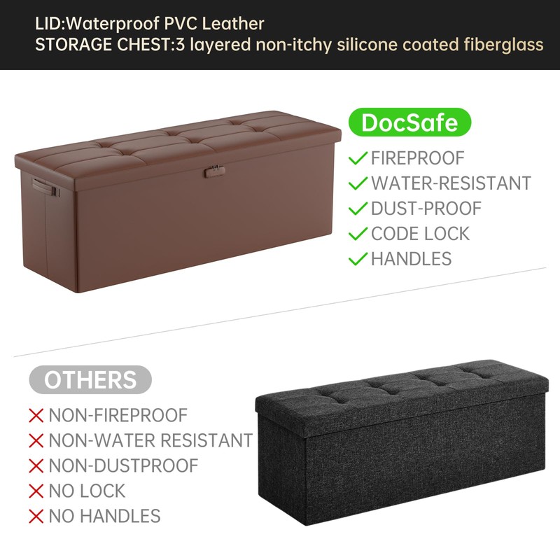 DocSafe Storage Ottoman Bench,Fireproof＆Waterproof Folding Storage Bench with Lock(15”x 43”x15”),Leather