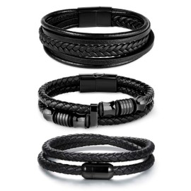 FIBO STEEL 3 PCS Braided Leather Bracelets for Men Women Wrap Genuine Leather Bracelet Wrist Cuff Bangle, Stainless Steel Leather, Cubic Zirconia