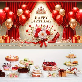 Blissyard Red Rose and High Heels Birthday Banner with Ruby Queen Crown 71 x 43 birthday queen crown Inch Polyester Backdrop for Girls' Parties Indoor and Outdoor Decor red happy birthday banner