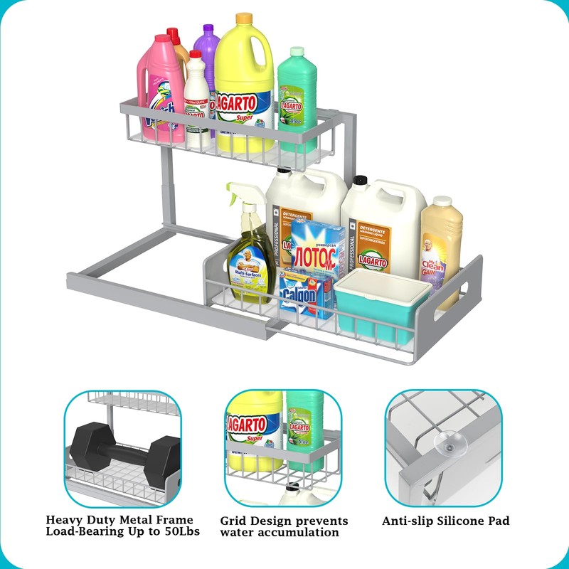 REALINN Under Sink Organizer, Pull Out Cabinet Organizer 2 Tier