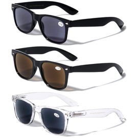 V.W.E. 3 Pairs Classic 80's Reading Sunglasses - Tinted Reader - Not Bifocal - Unisex (1 Black 1 Brown 1 Clear, 1.50, multiplier_x)