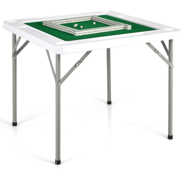 Goplus Mahjong Table, 35” Square Folding Card Table w/Wear Resistant PVC Desktop, 4 Cup Holders & 4 Chip Grooves, Foldable Mahjong Table for Adults Table Games, Domino Game, Camping