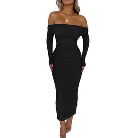 PRETTYGARDEN Women's Fall Off Shoulder Maxi Bodycon Dress Long Sleeve Ruched Fitted Club Dresses with Slit (Black,Large)