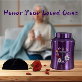 Large Cremation Urn for Human Ashes Adult Male and Female Up to 220 Lbs, Cross Stainless Steel Keepsake Urn Decorative Memorial Funeral Burial Urns for Ashes for Women (Large Purple Cross)