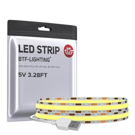 BTF-LIGHTING FCOB USB Powered Warm White 3000K COB LED Strip Lights 3.28FT 320LEDs 5V 8mm Width 90+ High CRI Ultra Bright Flexible Light for TV Backlight Display Cabinet PC DIY Decor