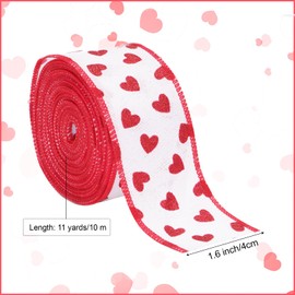 jijAcraft Valentine's Day Burlap Wired Edge Ribbon, 1-1/2 Inch x 11 Yards Red Ribbon with Glitter Heart for Valentine's Day Gift Package Wrapping, Wedding Wreath Bows Craft Decoration