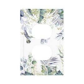Watercolor Floral Hummingbird 1 Gang Duplex Receptacle Wall Plate Natural Sage Olive Green Eucalyptus Leaves Garden Bird Electrical Outlet Decorative Decorator Light Switch Faceplate Plug Socket Cover