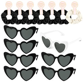 BOUBONI 7 Pcs Satin Bridesmaid Scrunchies 7 Pairs Bachelorette Sunglasses Elastic Bridal Party Hair Ties Ideas Gift Heart Shaped Sunglasses for Wedding Party Bridesmaid Proposal Gifts (Black, White)