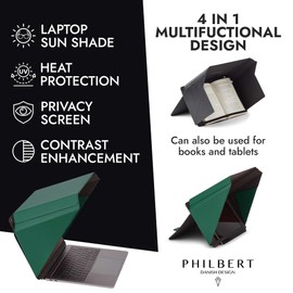 Philbert Danish Design 4-in-1 Laptop Sun Shade Lux Hood - Screen Shade, Privacy Screen, Heat Protection, Contrast Enhancement - Fits 15"-16” Laptops, Self-Standing Cover with Pocket - Green