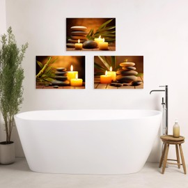 ARTZGX 3 Piece Zen Wall Art Zen Stones Canvas Spa Still Life Picture Print Meditation Candles Painting for Bathroom Decor Frame(Zen Stone - 1, 12x16inchx3P (30x40cmx3P))