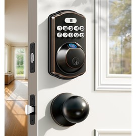 Veise Fingerprint Door Lock with 2 Knobs - Keyless Entry Door Lock with Handle, Electronic Keypad Deadbolt, Smart Front Handle Set, Auto-Locking, Waterproof, Easy Installation, Oil-Rubbed Bronze