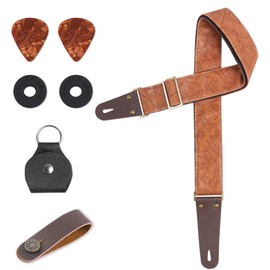 Haecsfl Adjustable Guitar Strap Includes 2 Strap Locks & 2 Matching Picks & 1 Picks Holder & 1 leather Strap Button.Leather ends Guitar Shoulder Strap(1-Carved Light Brown)