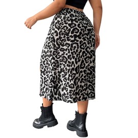 GORGLITTER Skirt Women's Curve Large Sizes Midi Skirt Leopard Casual Skirt High Elastic Waist Casual Skirt Party Skirt with Slit Festival Outfit, gray, XXL