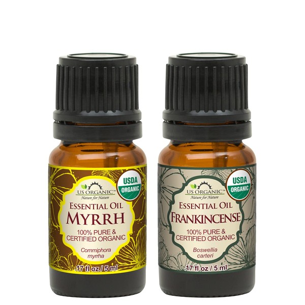 US Organic 100% Pure Myrrh, Frankincense Essential Oil Combo Pack - Directly sourced from The Horn of Africa - USDA Certified Organic - Use Topically or in Diffuser (5 ml Combo)