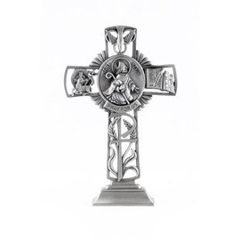Pewter Catholic Saint St Kevin Pray for Us Standing Cross, 6 Inch