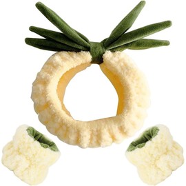 Spa Headband, Face Wash Headband and Wristband Set, Cute Makeup Skincare Headbands Wrist Bands for Washing Face Fluffy Headband for Women Girls Elastic Hair Band (Pineapple, Set of 3)