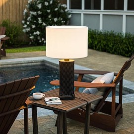 Ceybo 27.5 in. Outdoor/Indoor Table Lamp with Black Rattan-Style Base and White Drum Shade – Weatherproof Boho Lighting for Patio, Deck, or Living Room