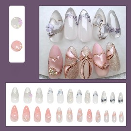 24Pcs Summer Press on Nails Short Almond ZIFANHU Cat's Eye Fake Nails Press ons Small Flower Bow Hollow Heart Diamond Nail Tips Full Cover French Tip Acrylic Glitter False Nail Glue on Nails for Women